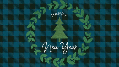 Happy-New-Year-with-winter-green-Christmas-tree-on-blue-checkered-pattern