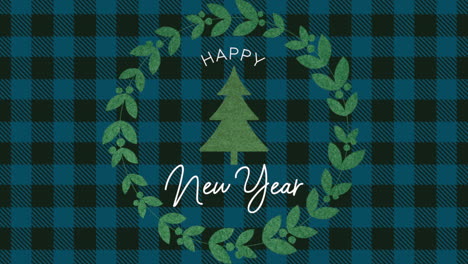 happy new year with winter green christmas tree on blue checkered pattern