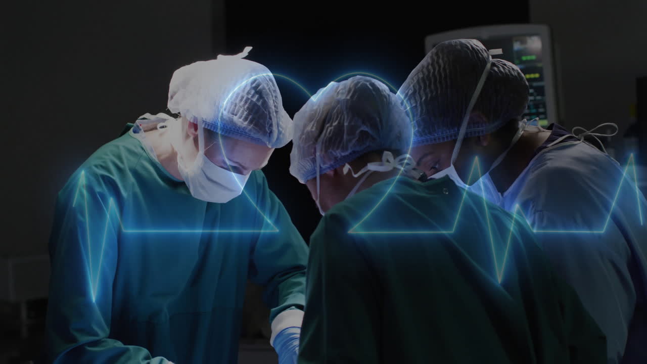 In hospital, surgeons performing surgery with heartbeat animation overlay on screen