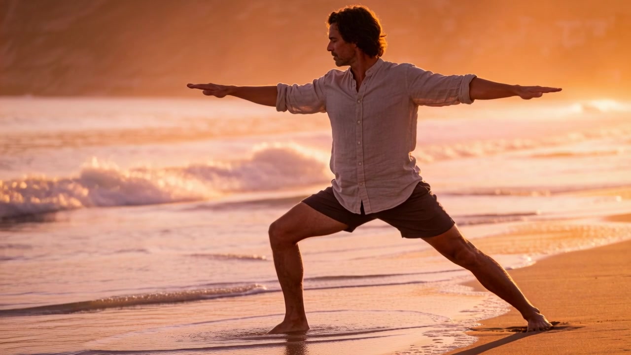 Uomo in forma, con camicia abbottonata e pantaloncini scuri, pratica yoga sulla sabbia bagnata con le onde, alla luce del tramonto.