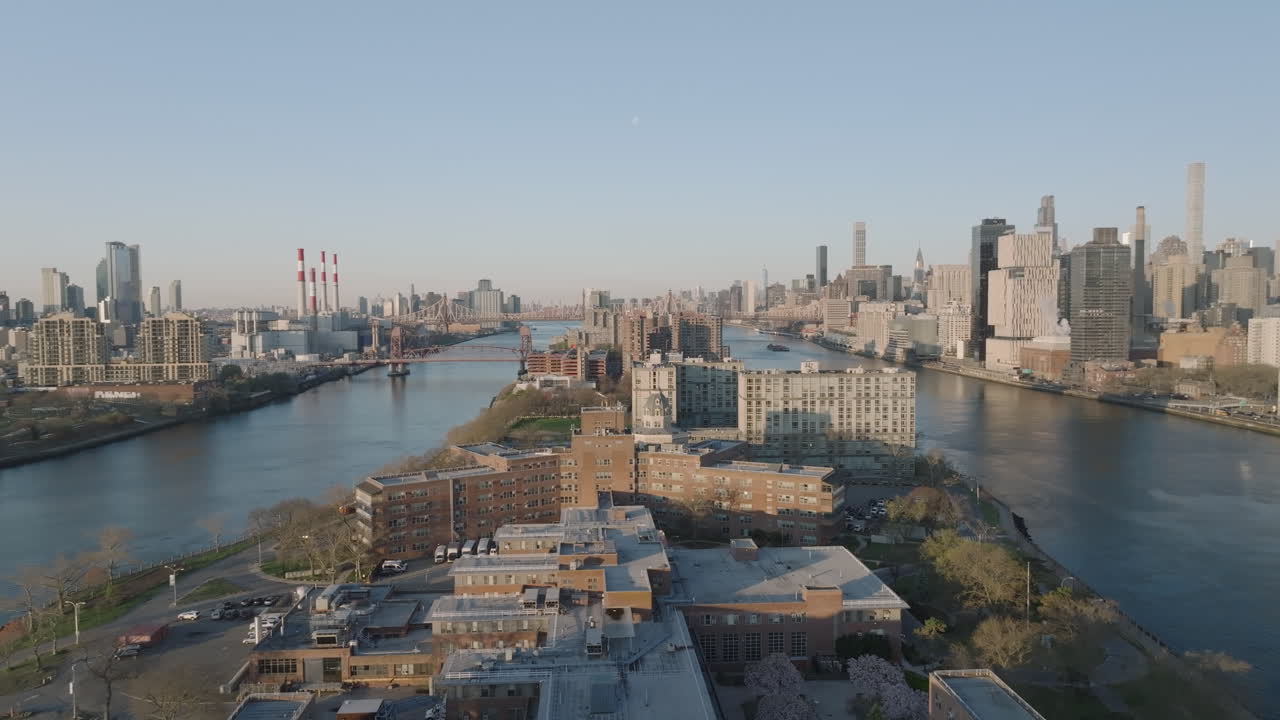 Aerial view of New York City's Roosevelt Island. Shot above the East River.
