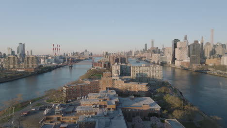 aerial view of new york city's roosevelt island. shot above the east river.
