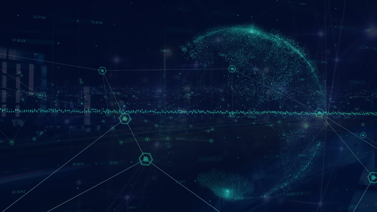 연결 네트워크와 도시 풍경 위의 지구의 애니메이션
