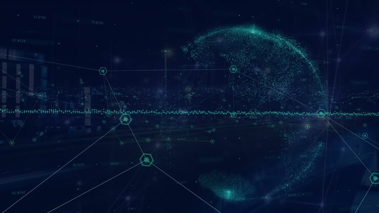 Animation of network of connections and globe over cityscape