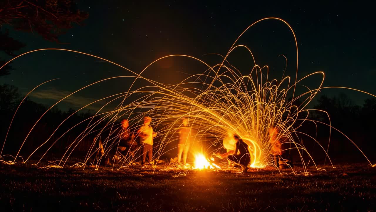 An Enchanting Night Gathering Around a Campfire with Stunning Sparks and Twirling Light Trails Creating a Magical Atmosphere Under the Starry Sky