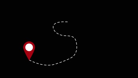 animation of dashed line path between red gps pin location pointers on black background