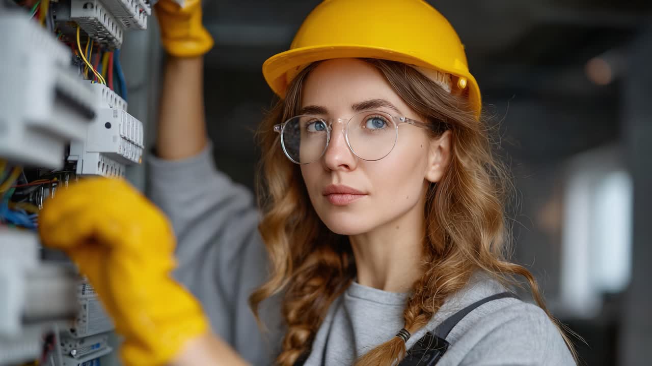 Zkušený technik v žluté ochranné helmě a rukavicích se soustředí na elektrické rozvody v moderním pracovním prostředí a předvádí odbornost a odhodlání svému řemeslu