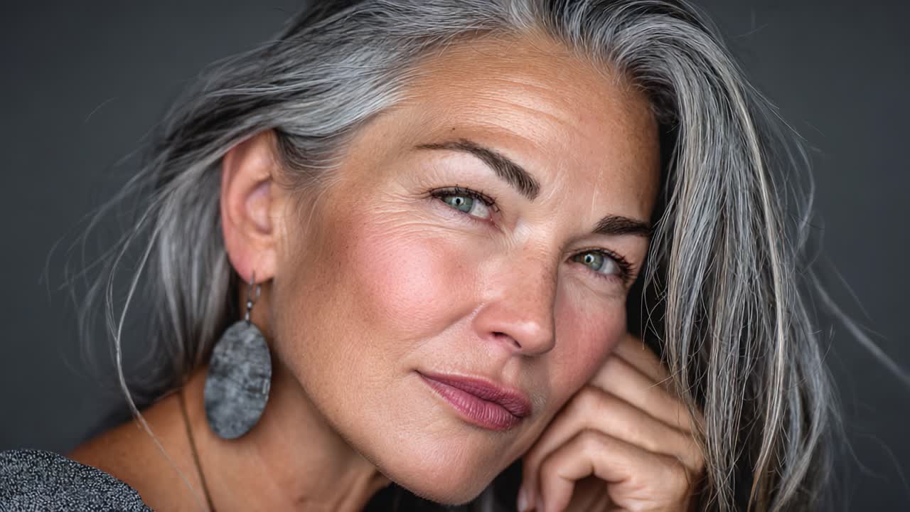 Captivating Close-Up of a Graceful Woman with Silver Hair and Striking Features Emphasizing Natural Beauty and Timeless Elegance in Minimalistic Presentation