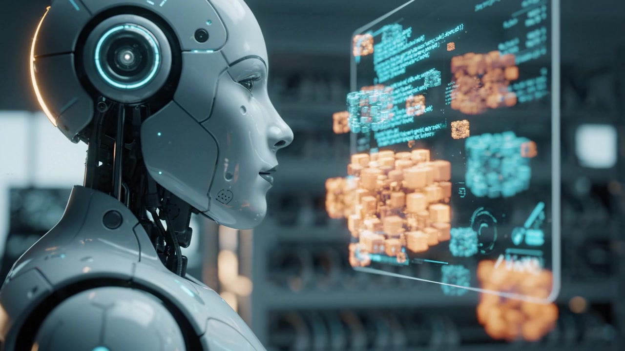 Futuristic Robot Analyzing Data in a High-Tech Environment, Showcasing Advanced AI and Digital Interactions Through Dynamic Visual Representations and Interfaces