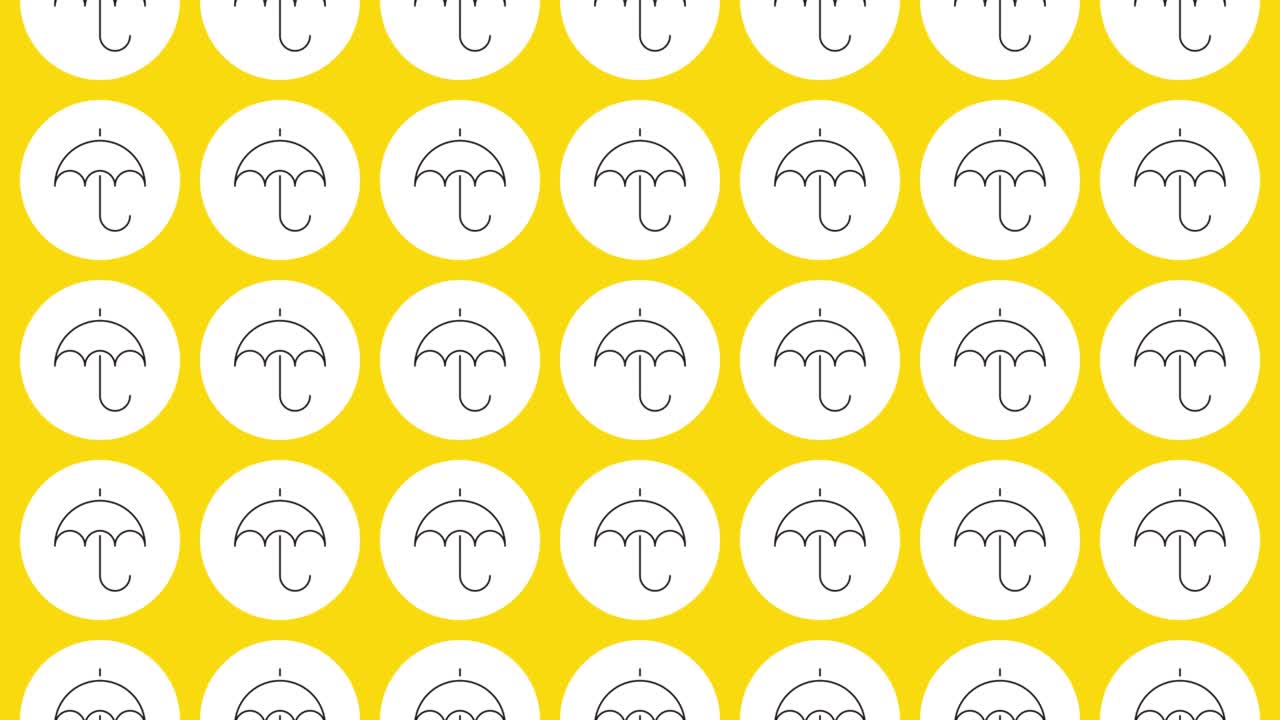 Umbrella icon in white circle with black dynamic line pattern on a yellow background. Seamless loop dynamic pattern with regular symbols rotating around