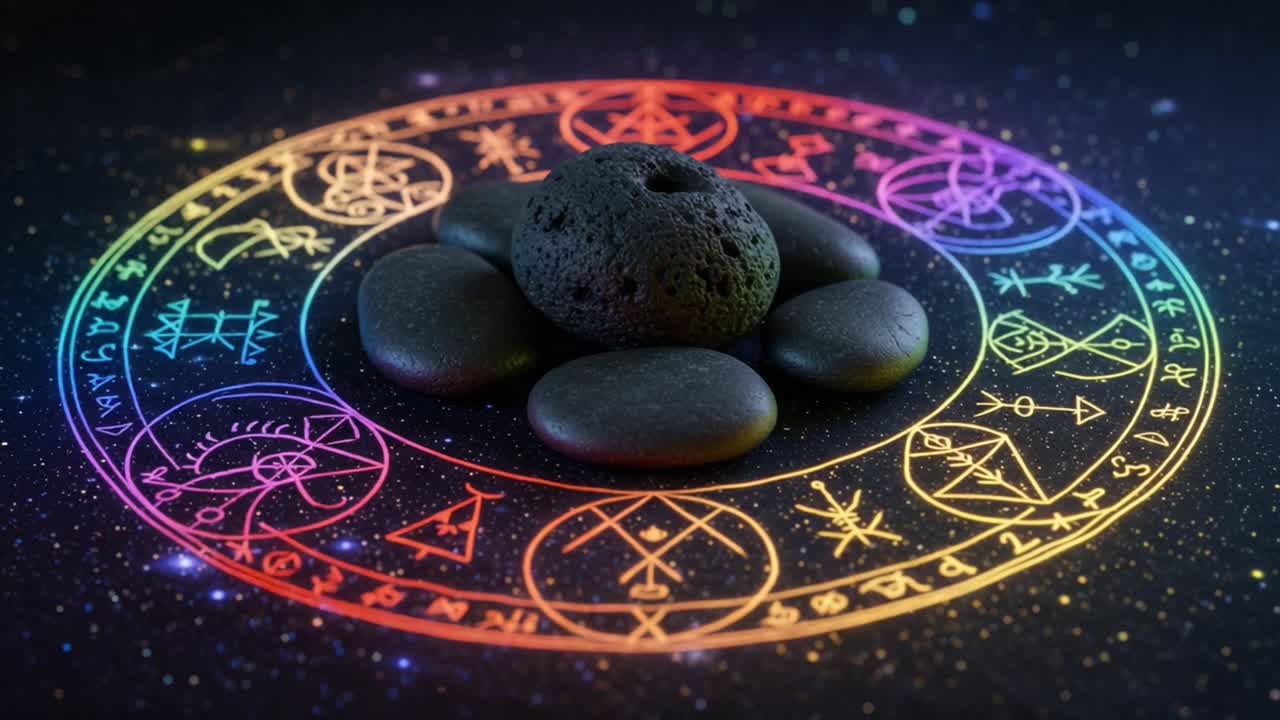 A Stunning Display of Healing Energy: Smooth Black Stones Arranged on a Vibrant Magical Circle with Astrological Symbols in a Space-Themed Background