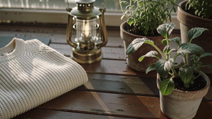 Camera shifting right, revealing folded ribbed sweater on porch, showing brass lantern and wet pots