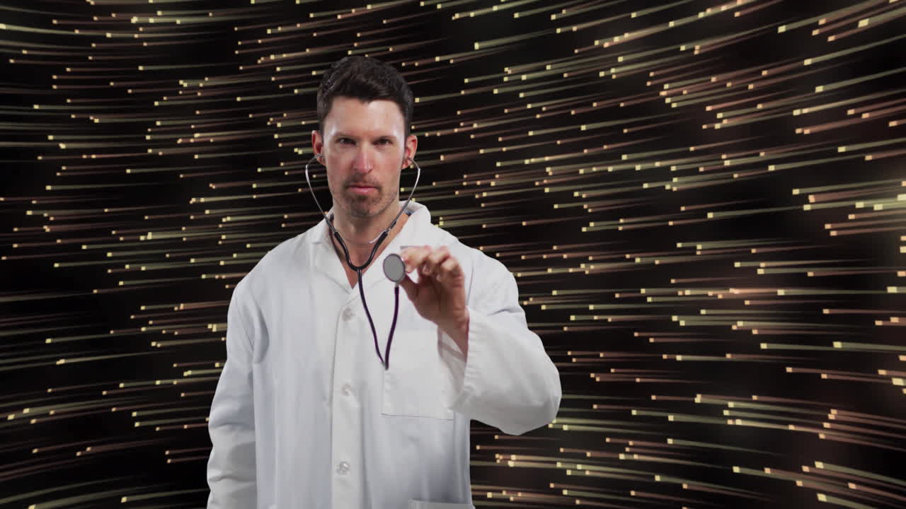 male doctor holding stethoscope toward viewer in medical scene, with floating golden light streaks