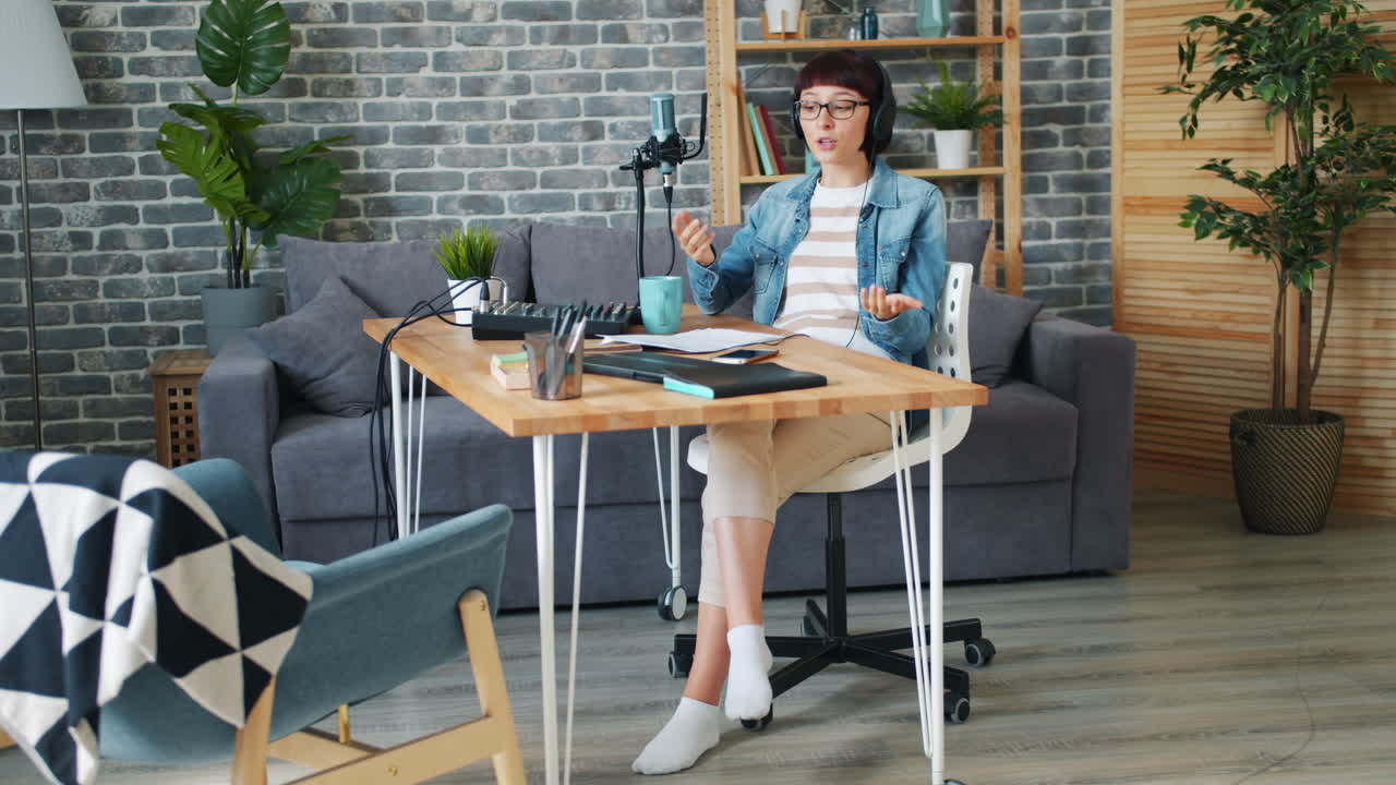 Woman Recording a Podcast at Home