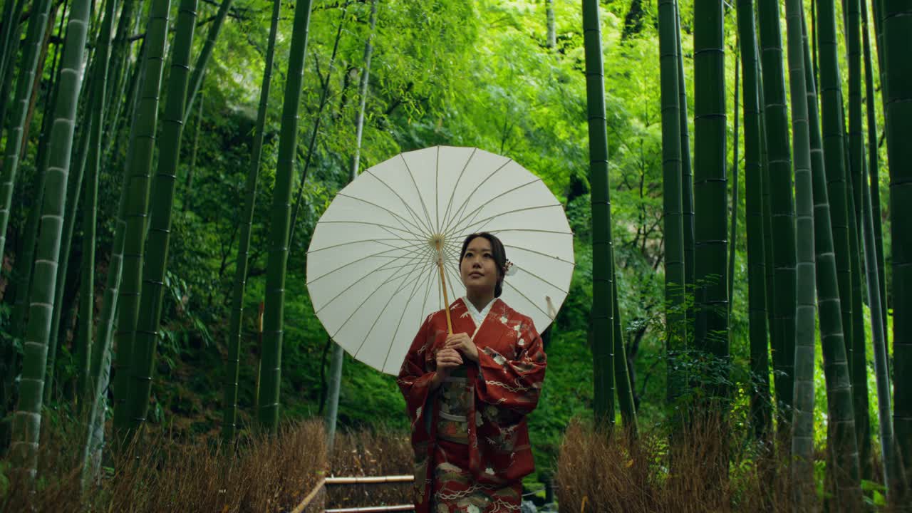 Woman in Kimono in a Bamboo Forest