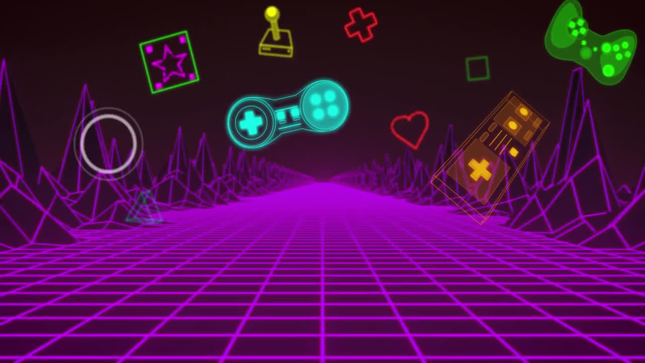 디지털 풍경에 있는 다채로운 움직이는 그래픽의 애니메이션