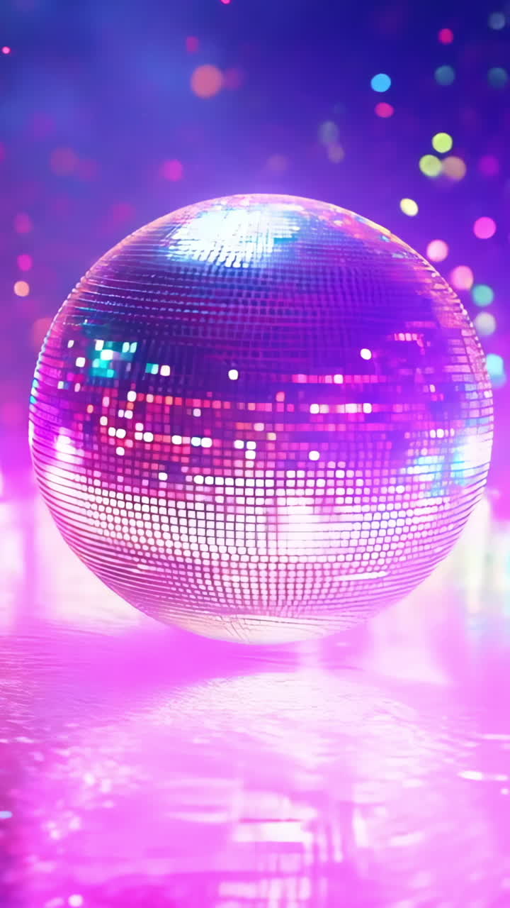A glowing ball is floating on a dark blue surface. The ball is surrounded by a pinkish glow, giving the impression of a disco ball. The scene is set in a dimly lit room