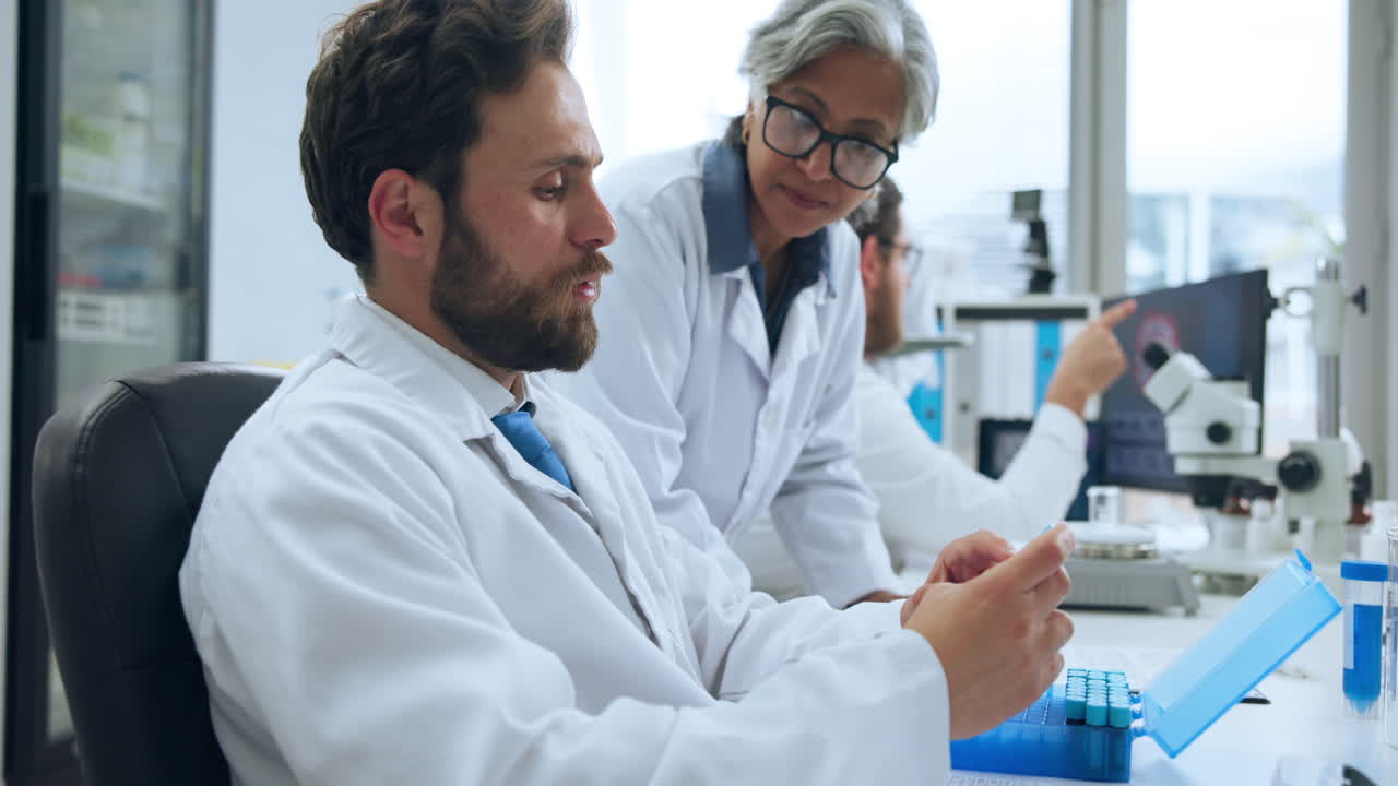 Scienziati che collaborano e lavorano con campioni in un laboratorio moderno