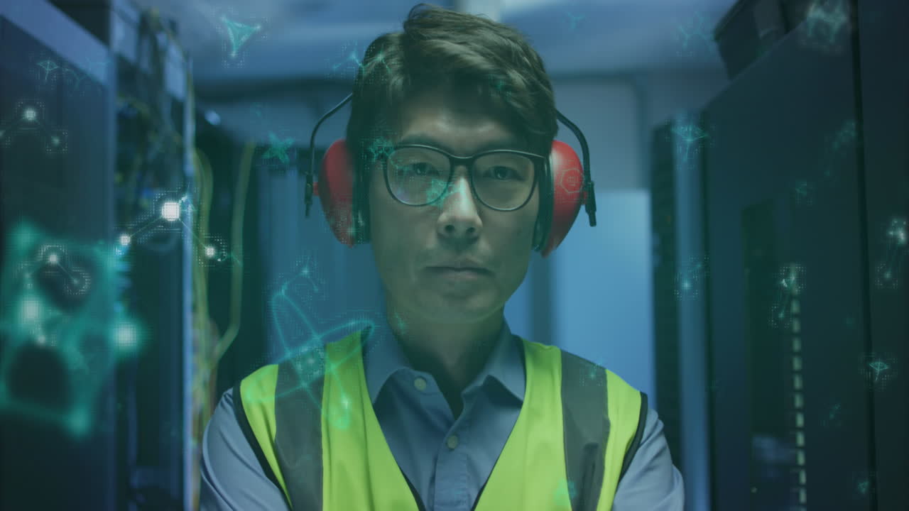 animación de estructuras moleculares flotando sobre ingeniero masculino asiático de pie en la sala de servidores.