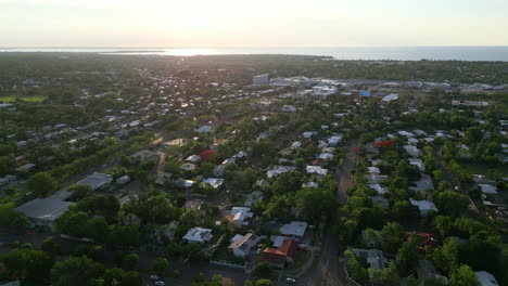 Aerial-drone-of-residential-suburb-with-green-gardens-and-nature