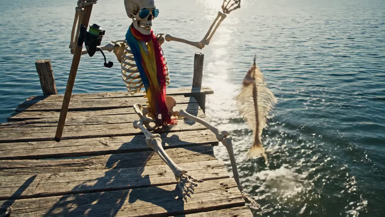 Sjovt skelet fanger et fiskeskelet på en solrig søpier
