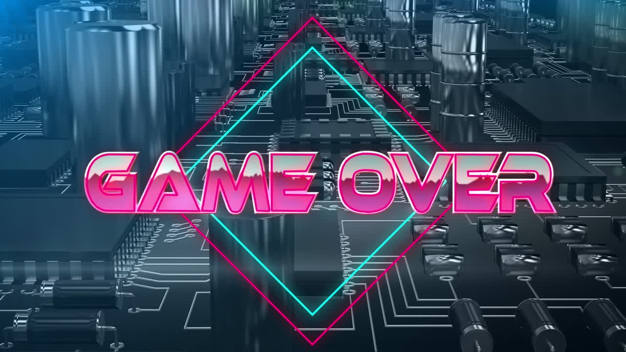 메인보드의 마이크로프로세서 연결의 클로즈업에 대항하여 네온 사각형의 텍스트에 대한 게임