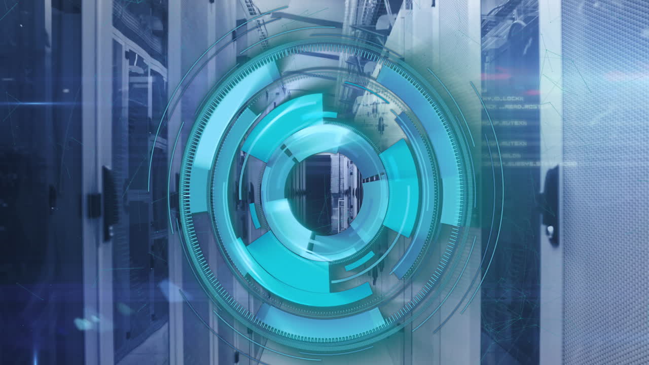 animazione di cerchi di caricamento e linguaggio informatico sulla sala server