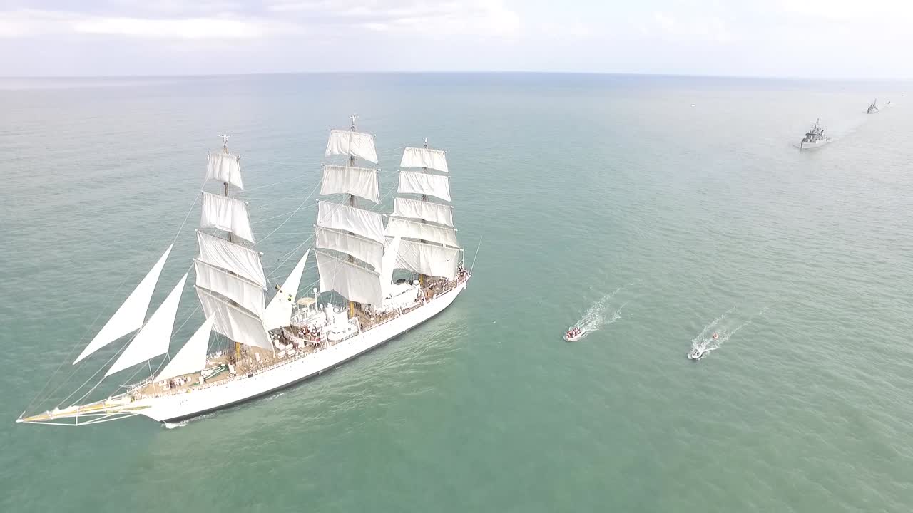 Aerial image with drone of Fragata Libertad on the high seas. Buenos Aires, Argentina