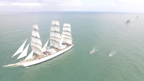 aerial image with drone of fragata libertad on the high seas. buenos aires, argentina