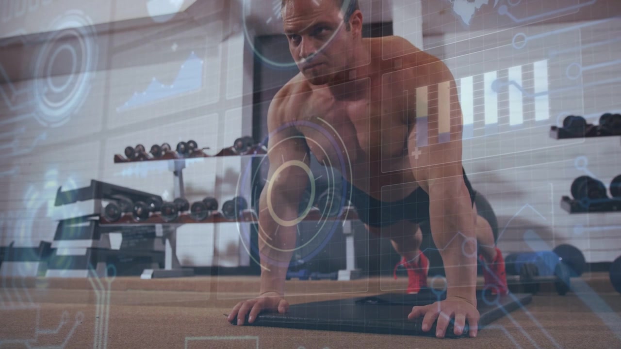 Man starting plank and performing push-up reps on mat in fitness gym, HUD overlay tracking form