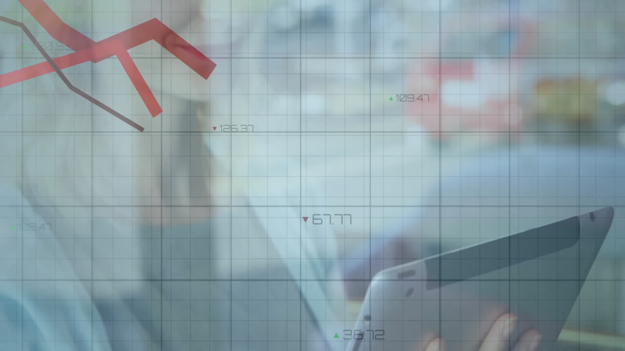 Animation of declining red arrow over person using tablet, showing financial loss