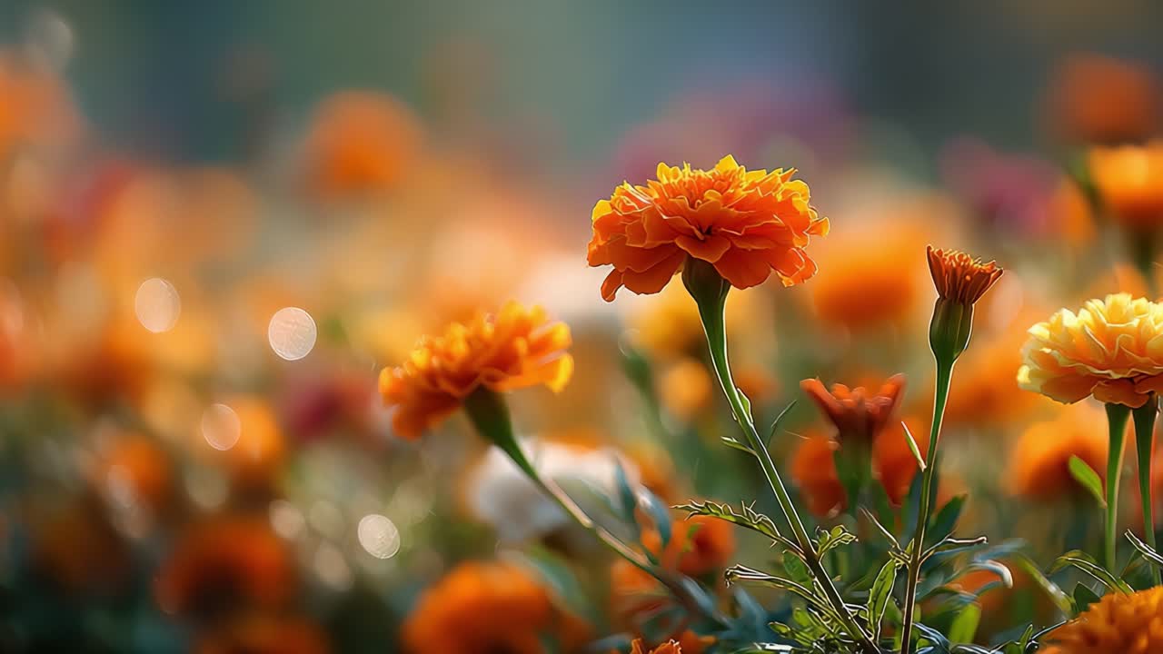 Una vivace distesa di fiori di calendula in piena fioritura, che mostra le loro ricche tonalità arancioni su uno sfondo floreale sfocato e colorato, catturando l'essenza di un'atmosfera da giardino serena.
