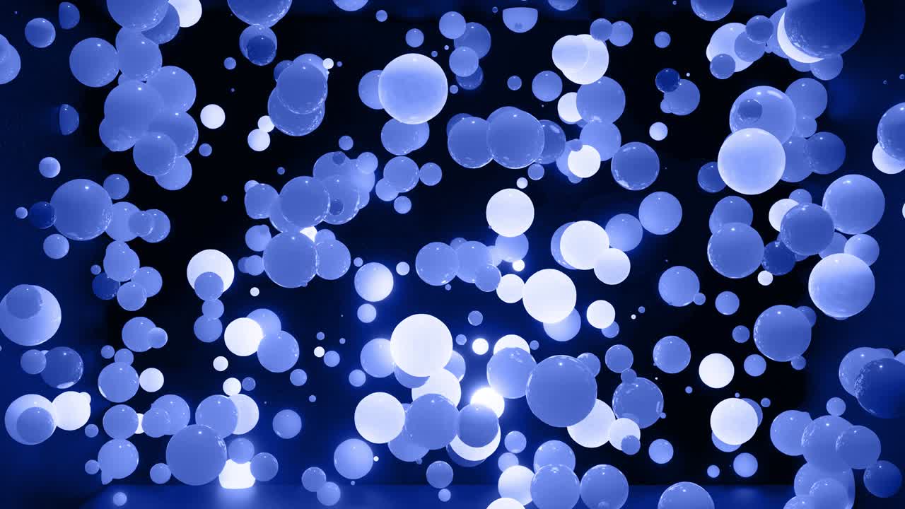 푸른 색조의 구의 추상적인 4k 배경, led와 같은 공이 공중에 매달려 있고 밝고 세련된 배경으로 꺼집니다.