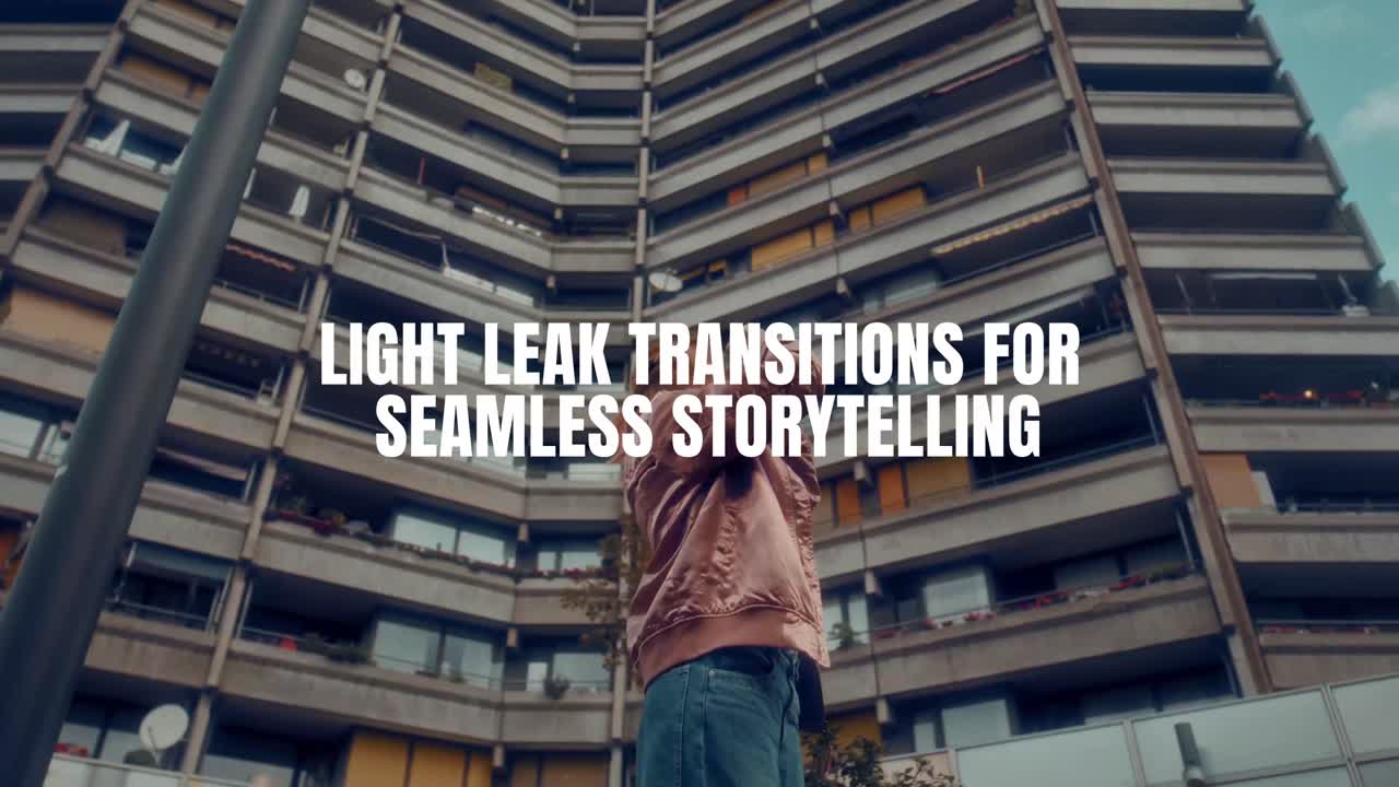 Un moderno template di motion graphics progettato per contenuti video con transizioni effetto light leak.
