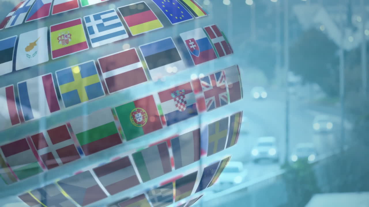 Digital globe being rotated with European flag icons in 3D render, showing moving highway scene