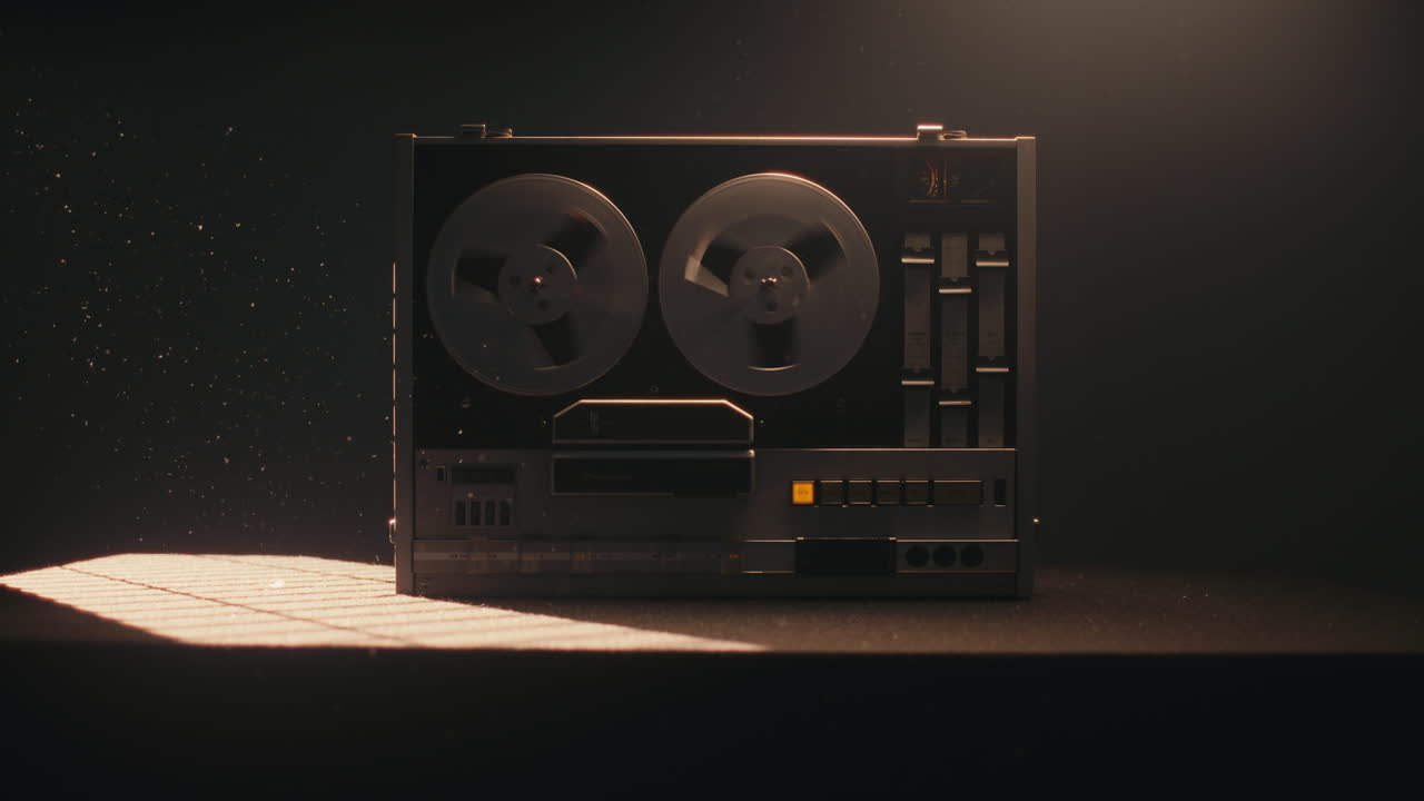 A vintage tape recorder in a blinking light