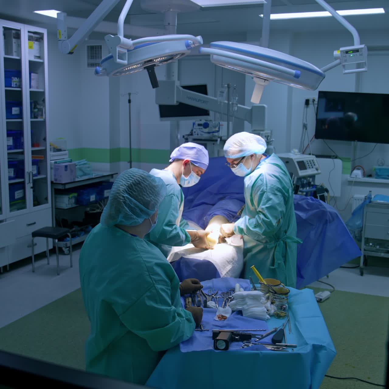 Pair of surgeon perform operation on an ankle. Footage at the window in door to a modern surgery room