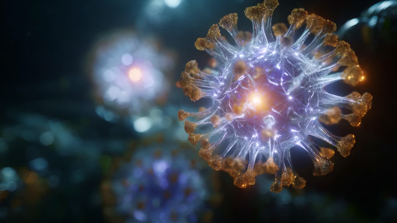 Magnified View of Virus Particles with Intricate Structure and Glow Captured in a Microcosm, Highlighting Their Unique Features and Powerful Presence in Nature