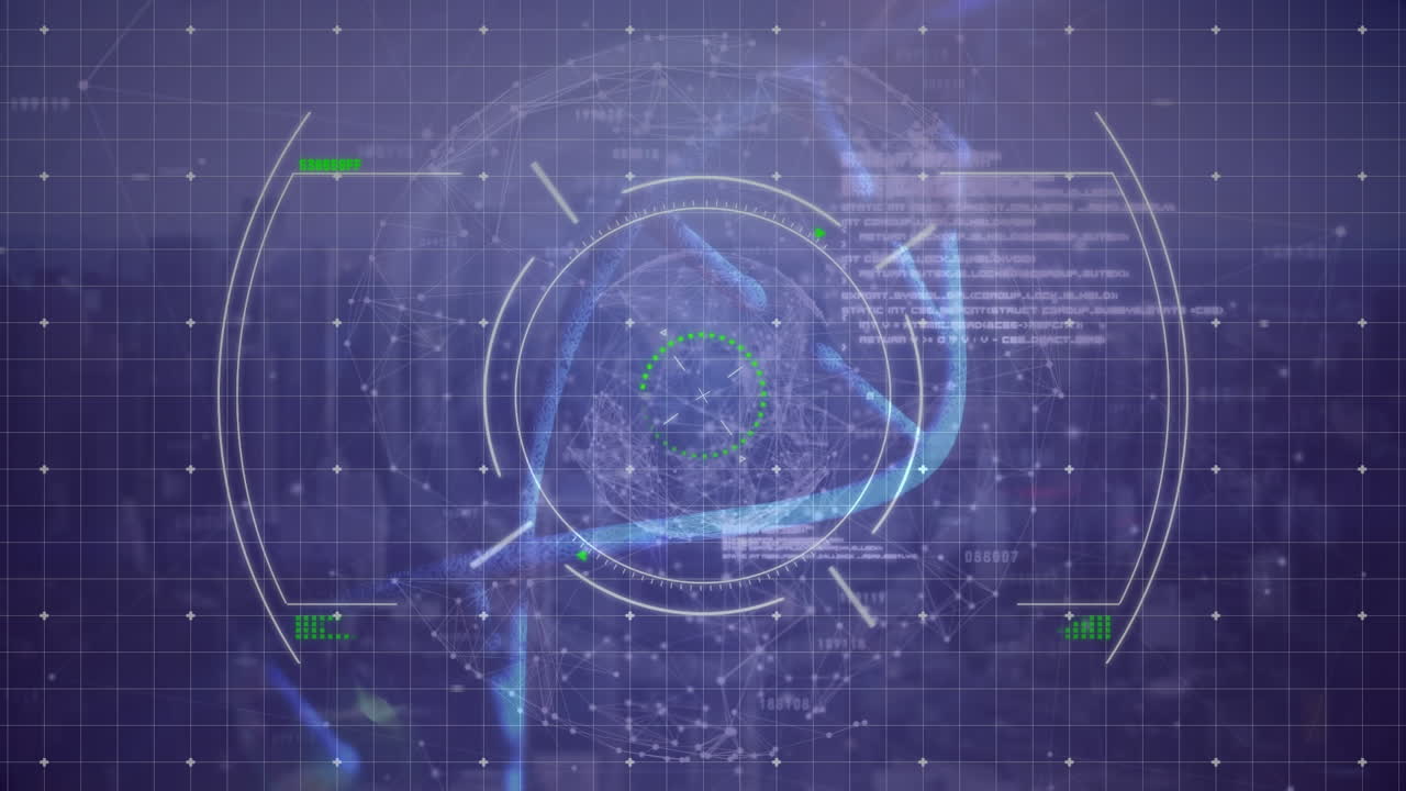 클론 텍스트와 함께 dna의 애니메이션, hud 프로세싱, 그리드 패턴 디지털 인터페이스에 점을 연결