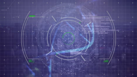 animación de adn con texto clonado, procesamiento de hud, conexión de puntos en el patrón de cuadrícula interfaz digital