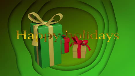 Animación-De-Texto-De-Felices-Fiestas-Con-Cajas-De-Regalo-Girando-Sobre-Fondo-Abstracto-Verde