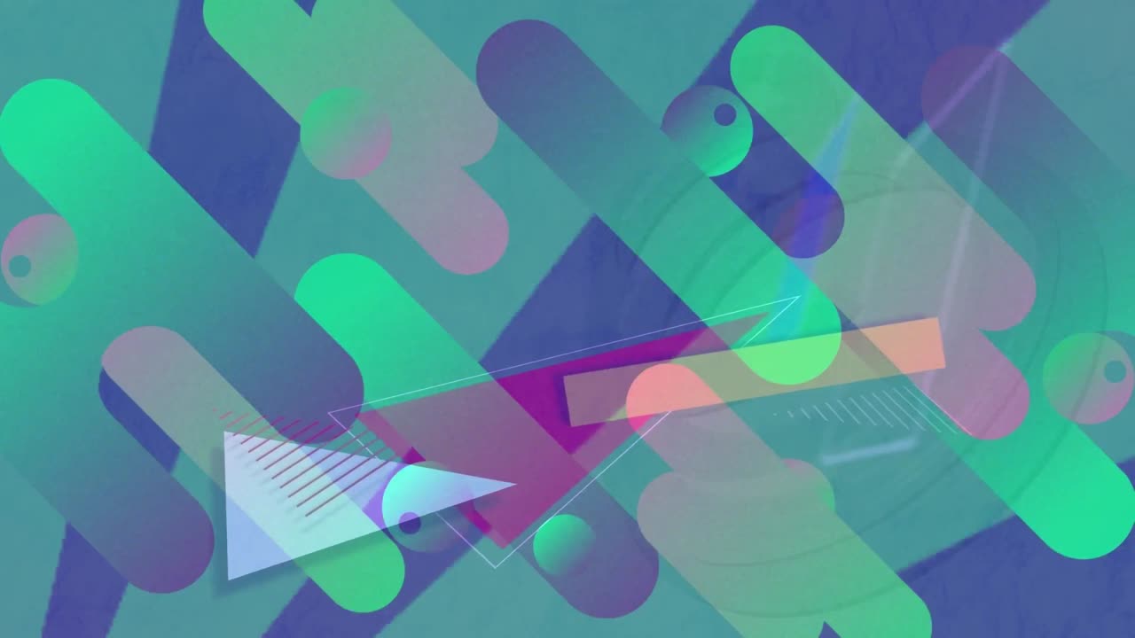 파란색 배경을 배경으로 움직이는 다채로운 추상적인 모양의 디지털 애니메이션