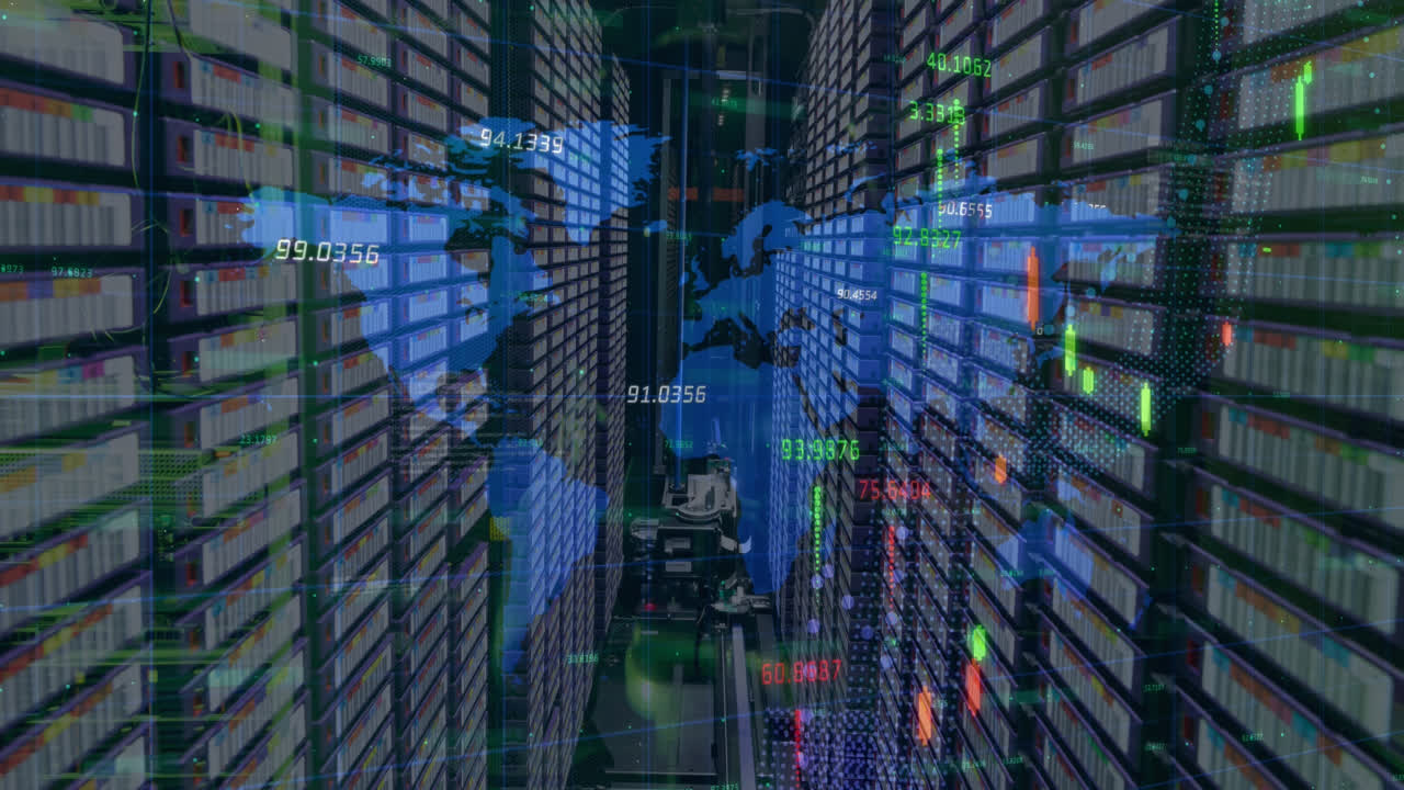 Animation of graphs, numbers and map over server racks and equipment in background