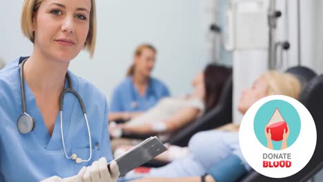 Animation-of-donate-blood-text-with-hands-and-droplet-logo,-over-smiling-female-nurse-and-donor