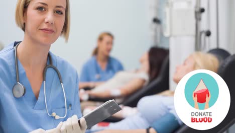 animation of donate blood text with hands and droplet logo, over smiling female nurse and donor