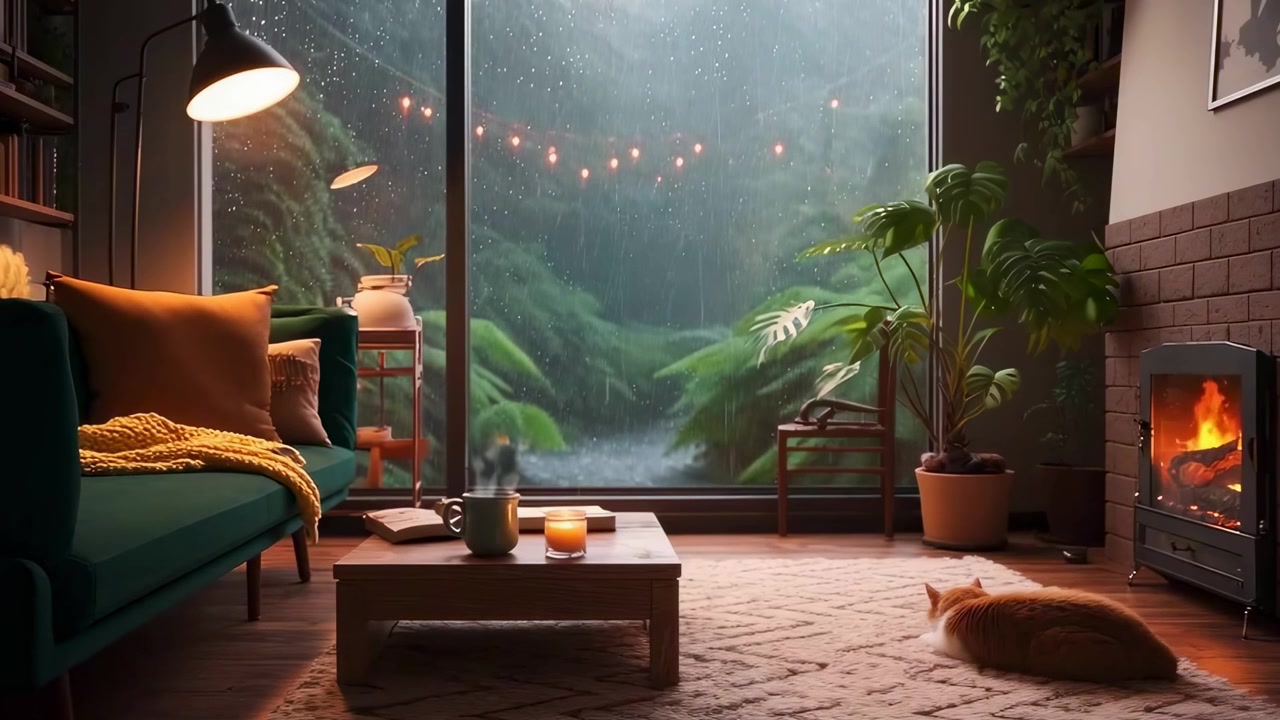 Cozy Living Room with Fireplace and Cat Watching Rain Through Window