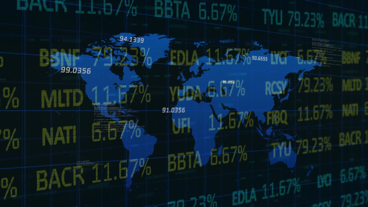 Animation of statistics and numbers, financial data processing over world map