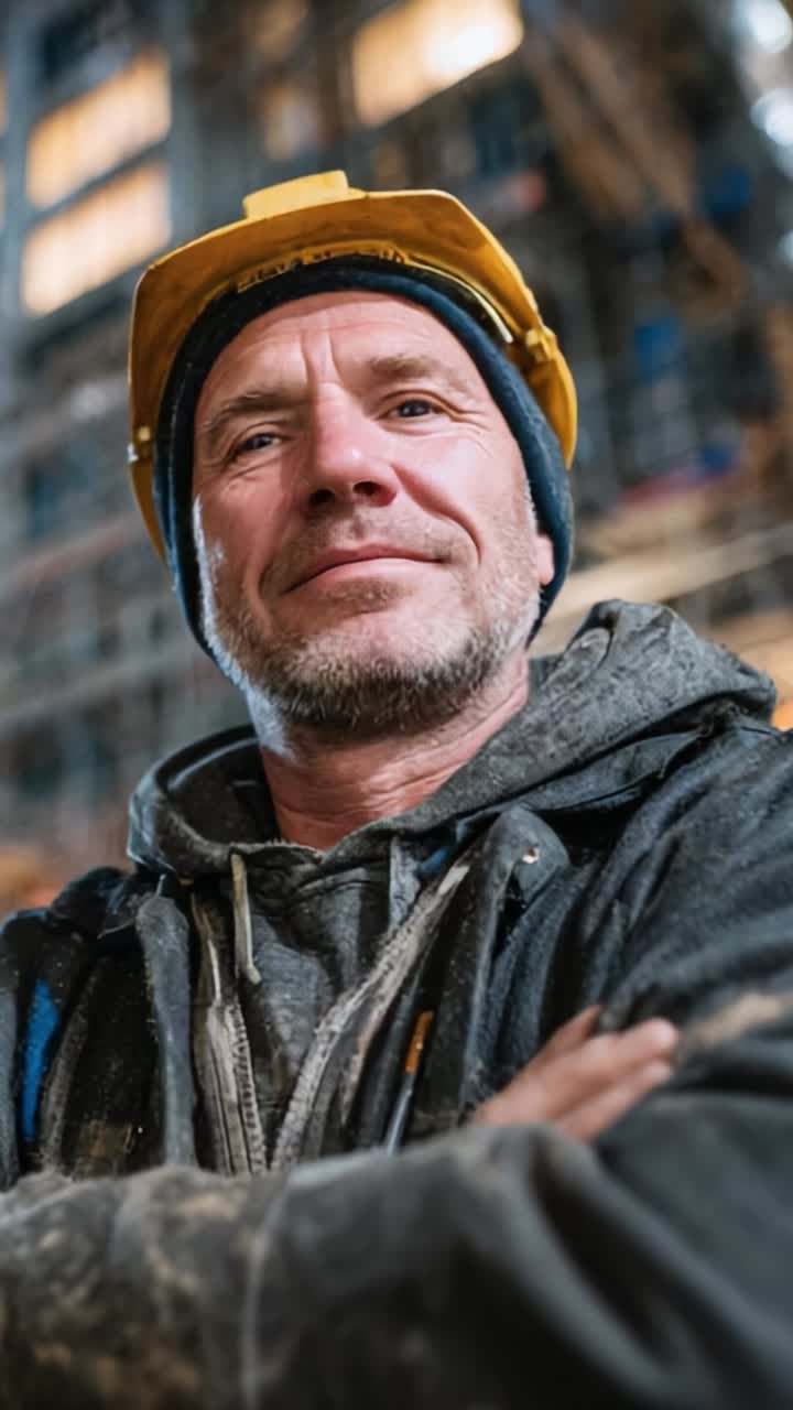 A confident construction worker stands proud in a bustling building site, showcasing his expertise and dedication to the trade amid the backdrop of ongoing construction activities