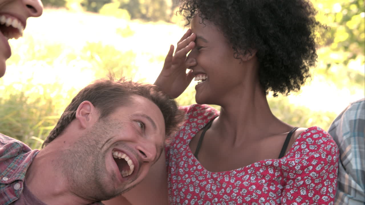 cuatro amigos relajándose juntos en el campo.