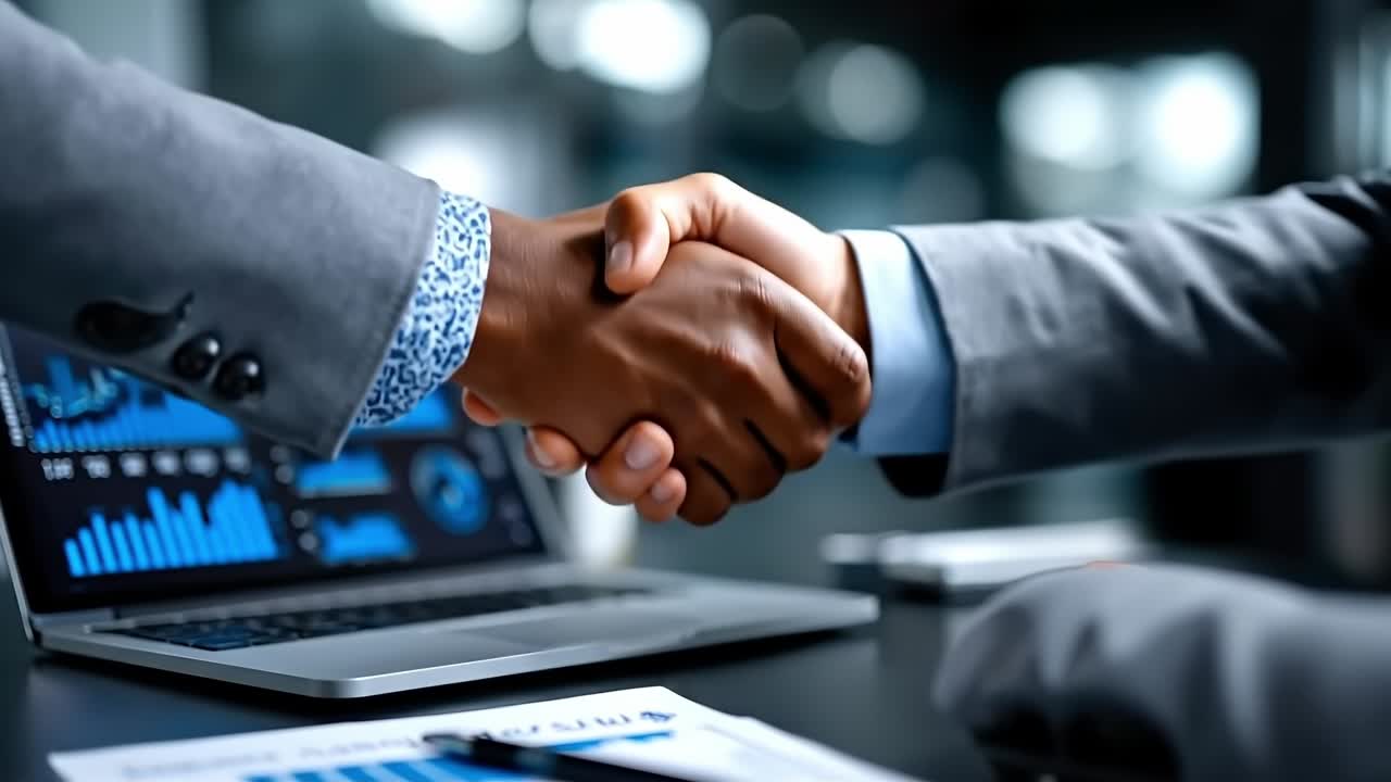 Two men shaking hands in front of a laptop computer